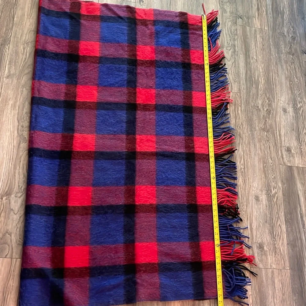 Vintage multicolored wool/mohair knitted blanket with fringe
